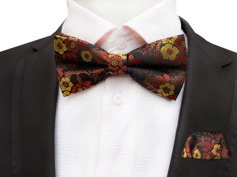 Secdtie Mens Dark Brown Silk Bow Tie Pocket Square Set Orange Red Petal Woven Paisley Party Cool Bowties Gifts - Image 2
